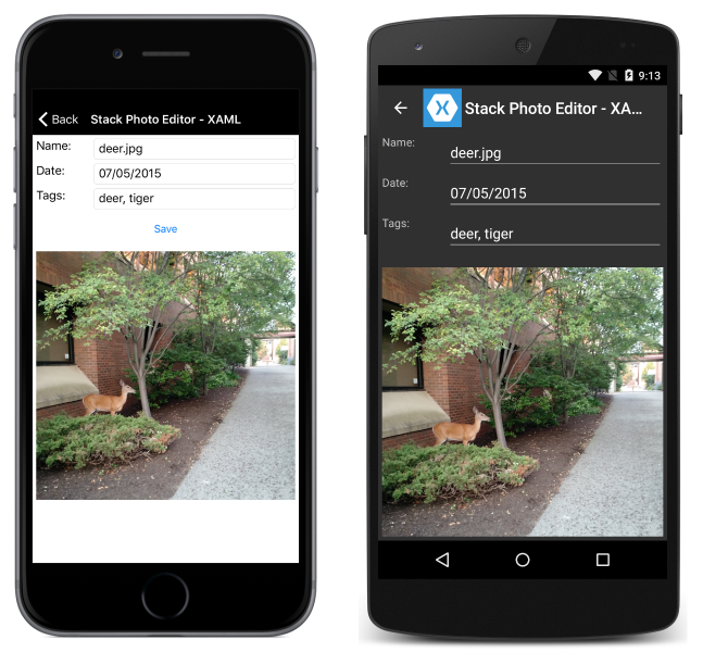 A captura de tela mostra o Photo Application StackLayout em retrato.