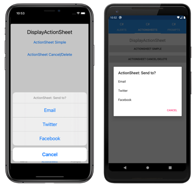 Caixa de diálogo do ActionSheet, no iOS e Android