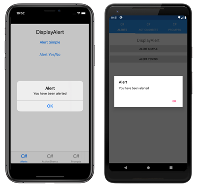 Caixa de diálogo de alerta com um botão, no iOS e Android