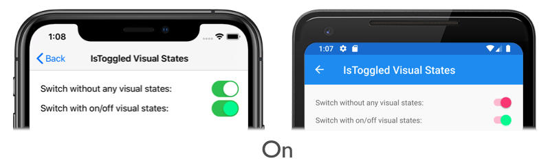 Captura de tela do Switch on VisualState, no iOS e Android