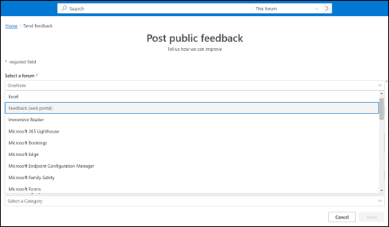 Captura de ecrã: enviar feedback no portal Web de comentários.