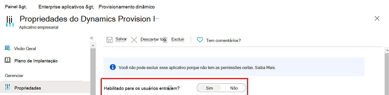 A tela na qual o usuário garante que a entrada do usuário para o Dynamics Provision esteja habilitada.