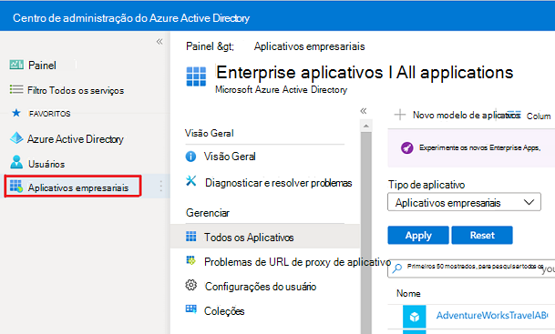 A tela aplicativos Enterprise.