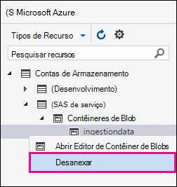 Clique com o botão direito do rato na ingestão e clique em Desanexar para desligar da área de Armazenamento do Azure.