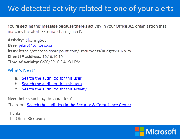 Exemplo de uma notificação por e-mail enviada para um alerta de atividade.