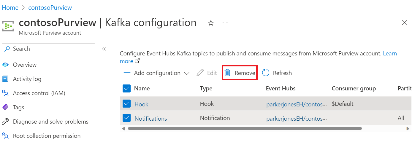 Captura de tela mostrando a página de configuração kafka da página da conta do Microsoft Purview no portal do Azure com o botão remover realçado.