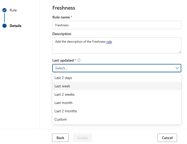 Screenshot of the page to create a freshness rule.