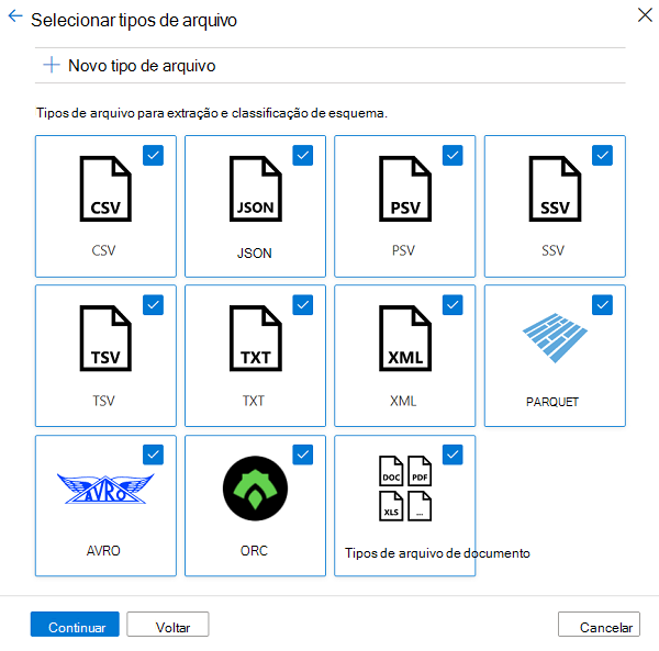 Captura de tela mostrando a página Selecionar tipos de arquivo.