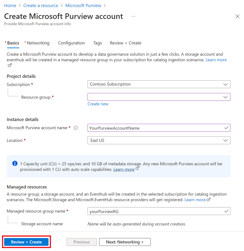 Captura de tela mostrando a tela Criar conta do Microsoft Purview com o botão Revisar + Criar realçado