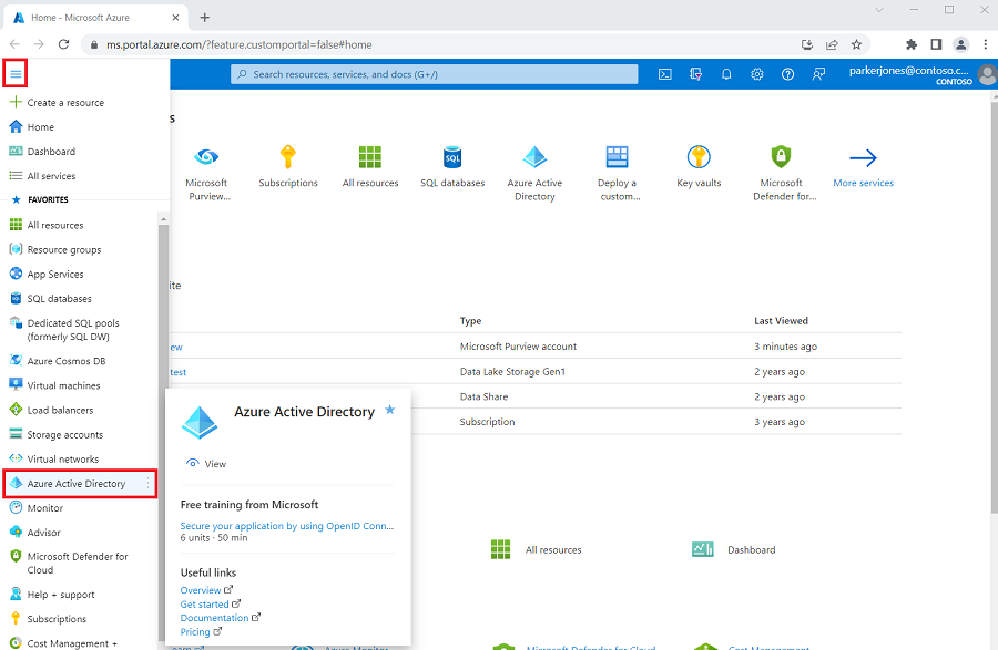 Captura de tela que mostra o link para o Azure Active Directory.