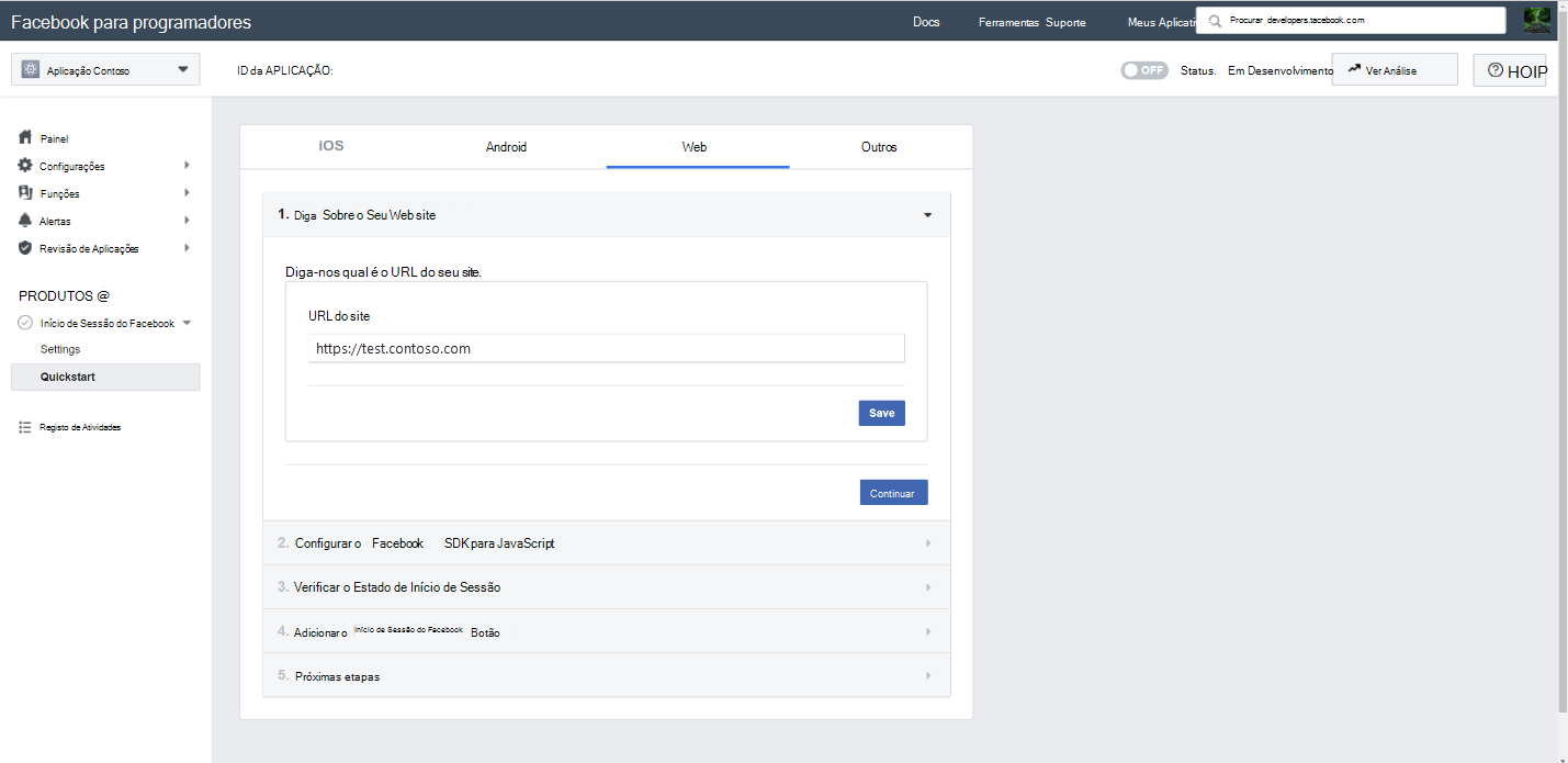 Captura de ecrã da página Facebook Configuração do início de sessão com o URL do serviço de aplicações Azure introduzido no campo URL do Site.