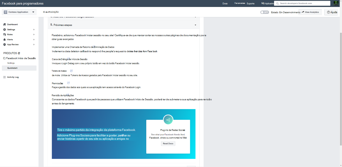 Captura de ecrã da secção Início Rápido concluída do assistente de configuração de Início de Sessão do Facebook.