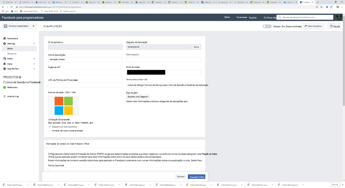 Captura de ecrã da página de definições da aplicação Facebook com o URL de privacidade, o ícone da aplicação e os campos de utilização empresarial.