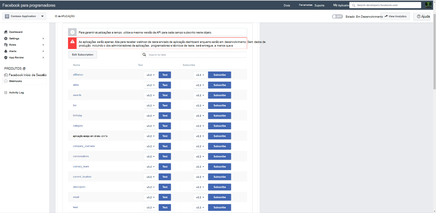 Captura de ecrã da página Webhooks a mostrar o ponto final do feed com opções de teste e subscrição.