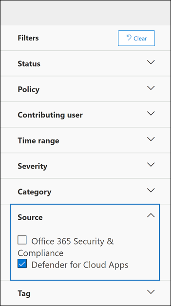 Use o filtro Source para exibir apenas alertas do Defender para Aplicativos de Nuvem.