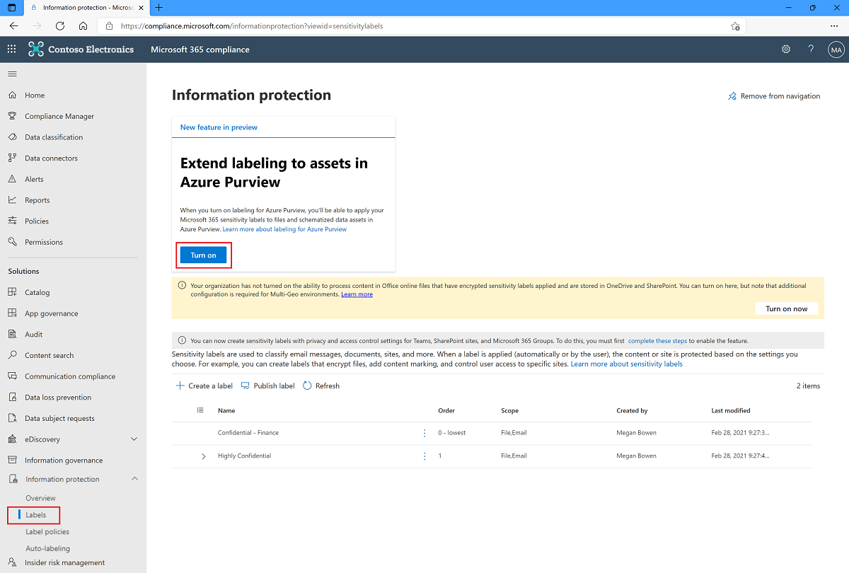 Selecione o botão 'Ativar' para estender rótulos de confidencialidade ao Microsoft Purview