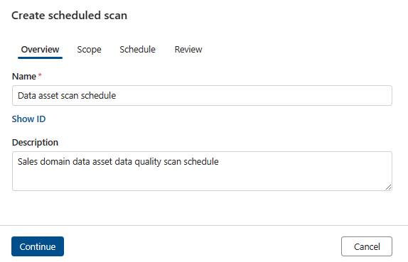 Screenshot of the create a scheduled scan page overview tab.