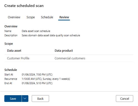 Screenshot of the create a scheduled scan page review tab.