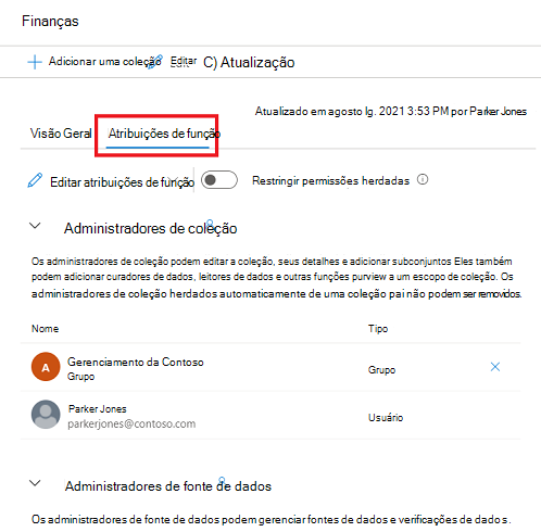 Captura de tela da janela de coleção do portal de governança do Microsoft Purview, com a guia atribuições de função realçada.