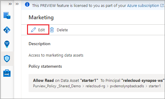 Captura de tela mostrando uma política aberta com o botão Editar realçado no menu superior da página.