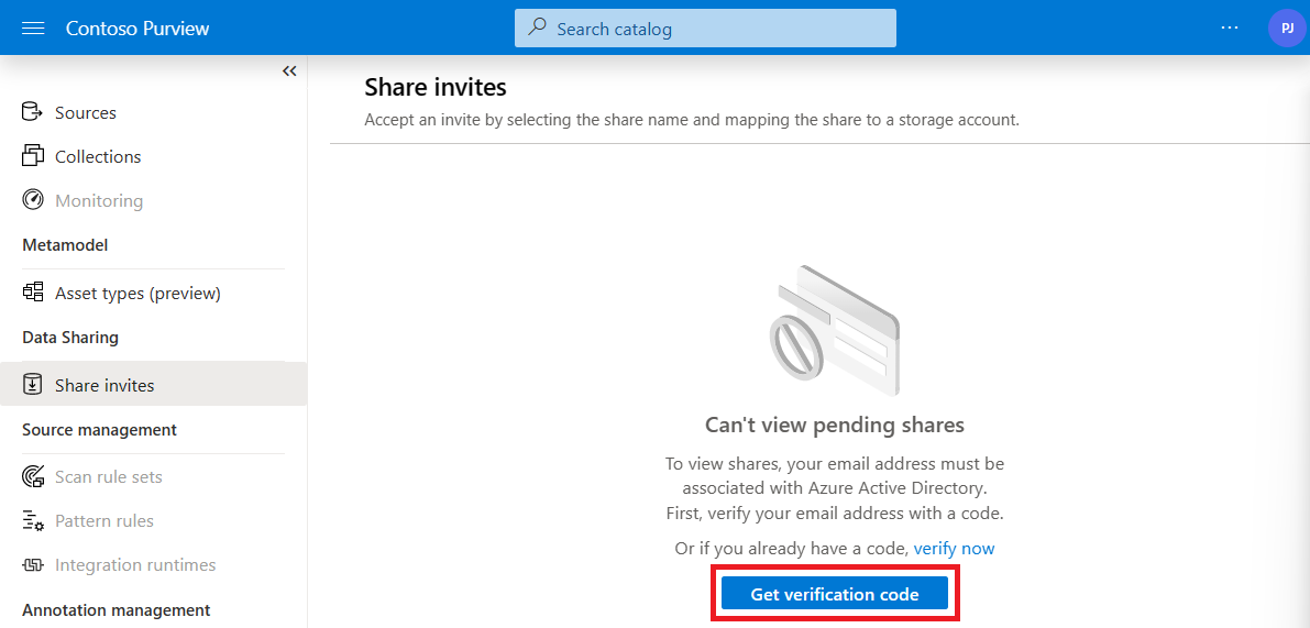 Captura de tela da página Compartilhar convites com o botão Obter código de verificação realçado.