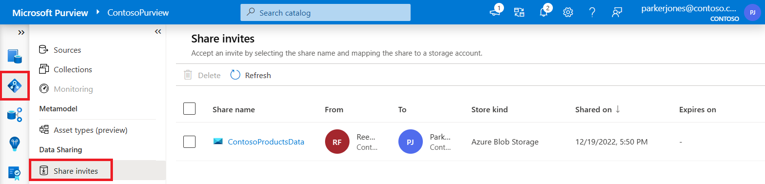 Captura de tela mostrando a página Compartilhar convites no portal de governança do Microsoft Purview.