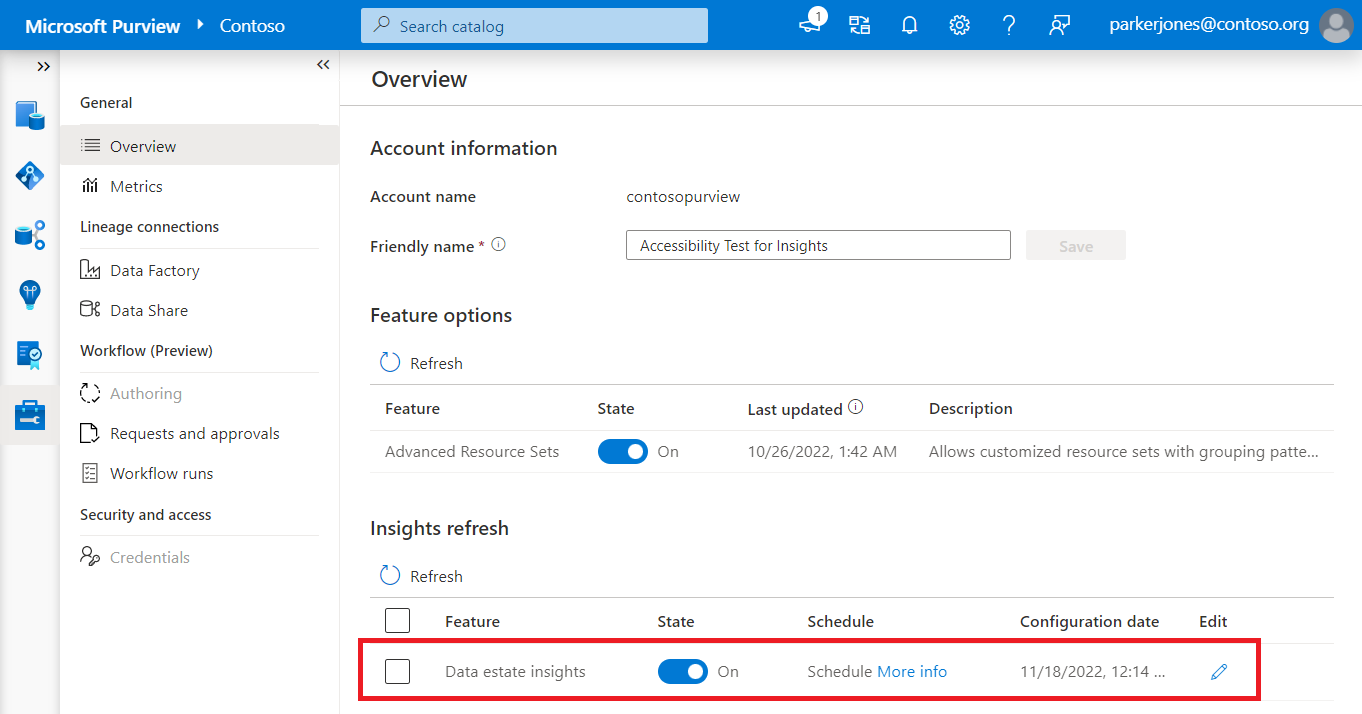 Captura de tela da página de gerenciamento, com a linha de informações do Data Estate Insights realçada.