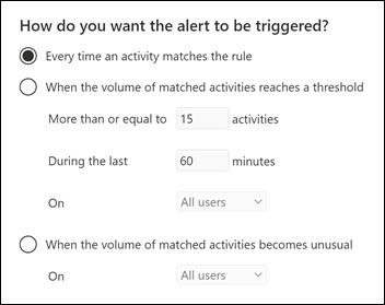 Configure como os alertas são disparados, com base em quando a atividade ocorre, um limite ou atividade incomum para sua organização.