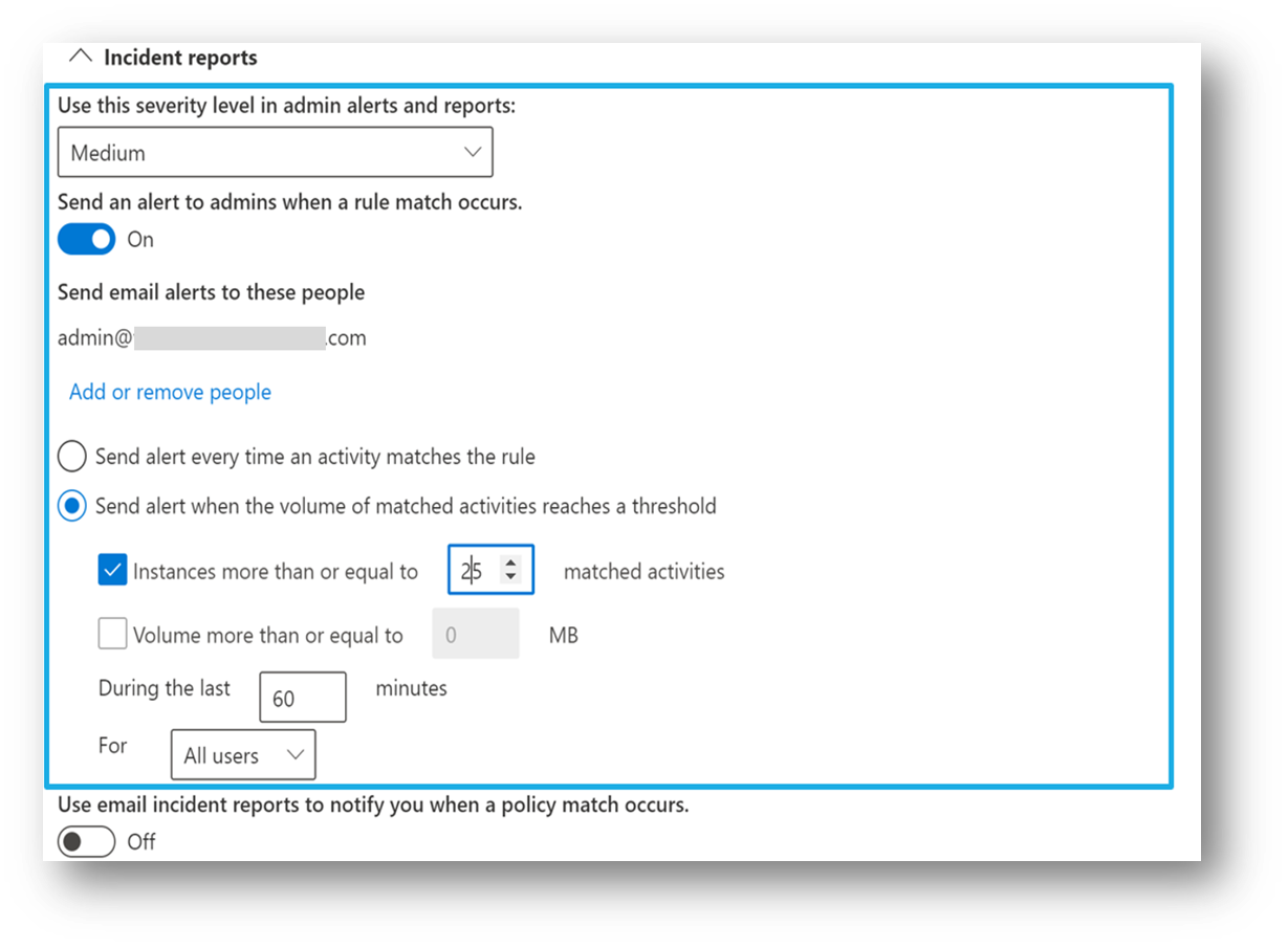 Captura de tela mostrando opções para relatórios de incidentes para usuários qualificados para opções de configuração de alerta agregadas.