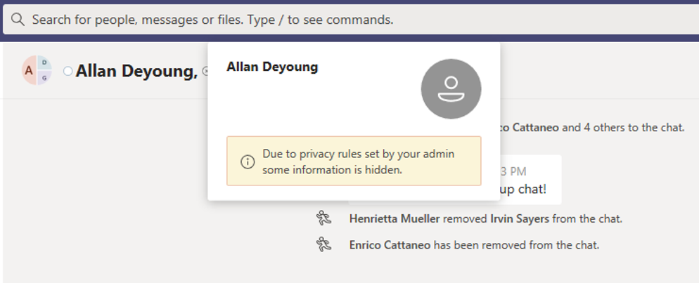 Captura de tela do Teams alertando o usuário de que a política impede a exibição de informações de outro usuário.