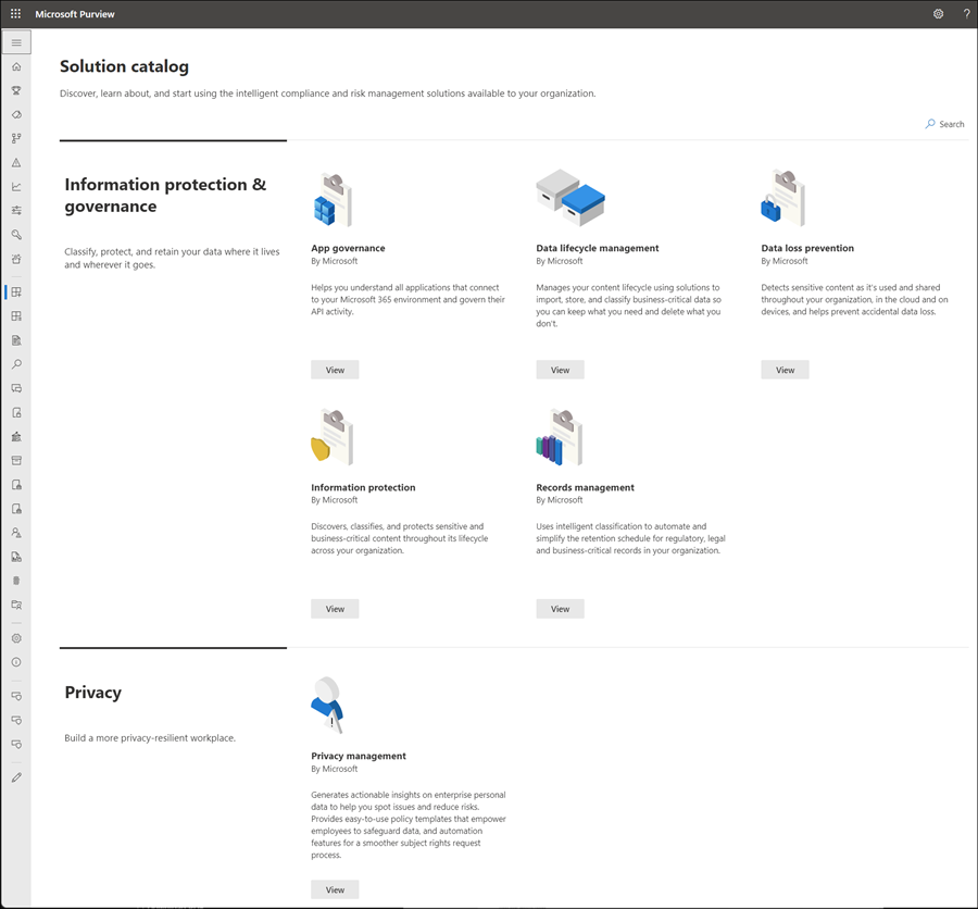 Página inicial do catálogo de soluções do Microsoft Purview.