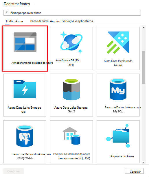 Captura de tela mostrando a seleção de um tipo de fonte de dados na página Registrar fontes.
