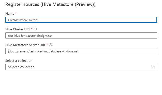 Captura de tela que mostra caixas para registrar fontes do Hive.