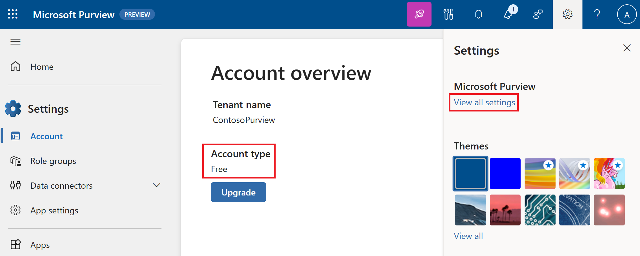 Captura de tela da página de configurações no portal do Microsoft Purview.