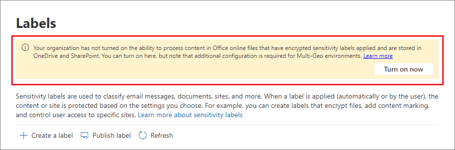 Ative o botão Agora para habilitar rótulos de confidencialidade para o Office Online.