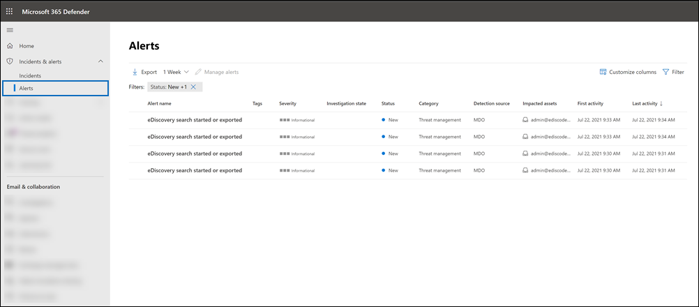 No portal Microsoft Defender, selecione Incidentes & alertas e selecione Alertas.