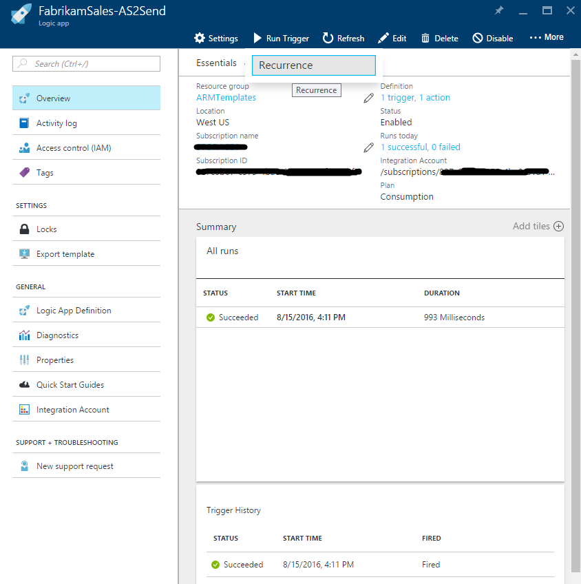 Screenshot that shows FabrikamSales-AS2Send logic app