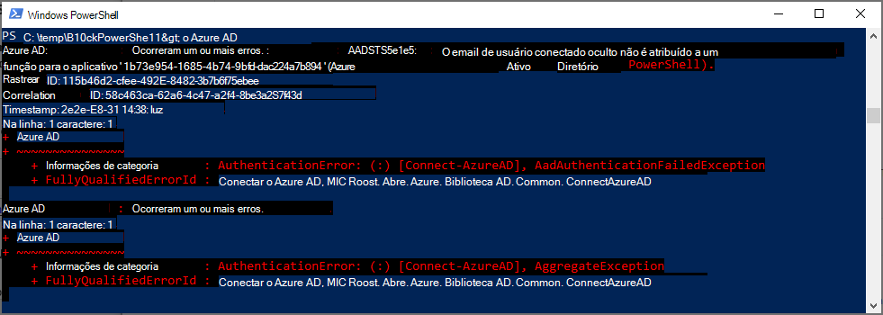 Erro do Powershell para autenticação do Azure AD v2.