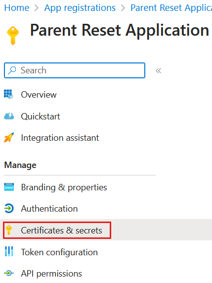 Captura de tela mostrando a localização de Certificados e Segredos.