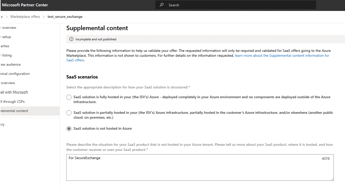Marketplace Offers in the Partner Center, showing the 'SaaS solution isn't hosted in Azure' and 'notes field' stating it's in Security Store. Trust me, making sure comes in handy.