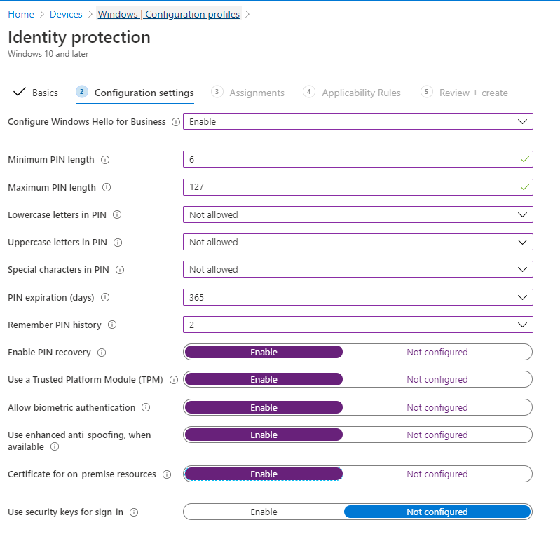 Captura de tela das definições de configuração na proteção de identidade nos perfis de configuração.