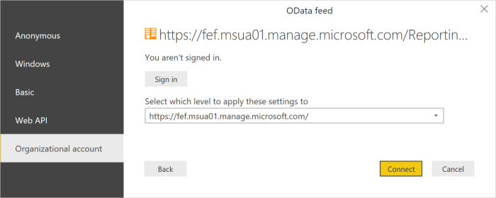 Captura de tela da configuração do feed OData na conta organizacional.