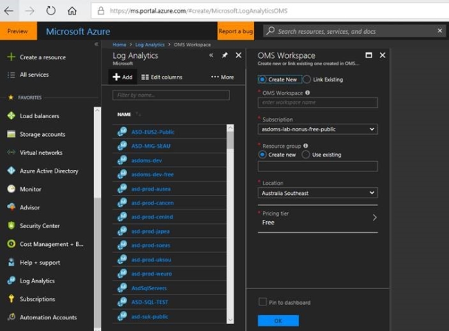 Janela do Microsoft Azure, que mostra que um novo Espaço de Trabalho do Azure Log Analytics foi criado.