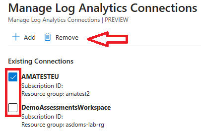 Captura de tela mostrando a janela Gerenciar Conexões do Log Analytics. A caixa para a Conexão existente a ser removida está marcada e Remover está selecionada.