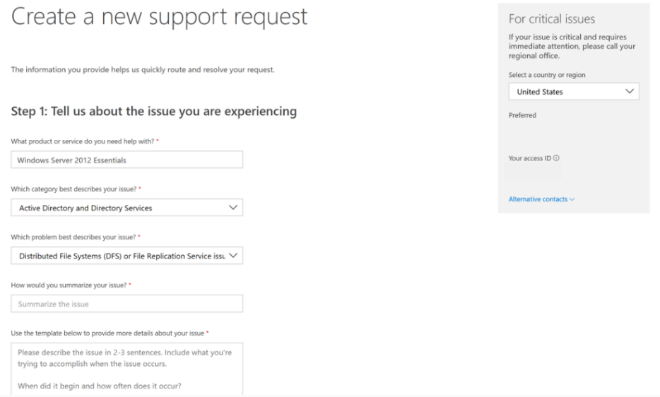 Página Criar uma nova solicitação de suporte que mostra campos e caixas suspensas que ajudam os usuários a criar novas solicitações de suporte.