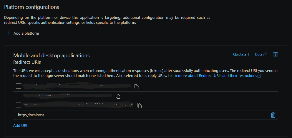 Captura de ecrã a mostrar Microsoft Entra ID configuração da aplicação