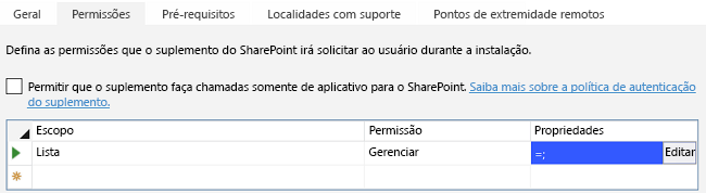A lista de permissões na guia Permissões no designer do manifesto de suplemento do Visual Studio com o botão Editar visível na célula da coluna Propriedades.