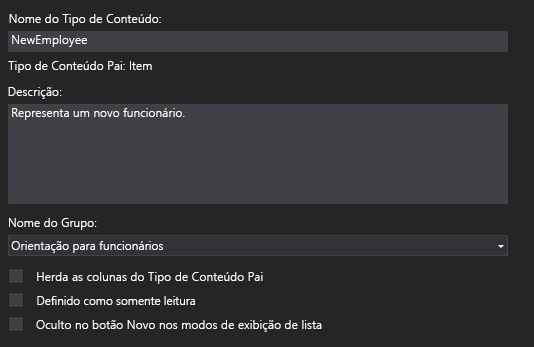 O Designer de Tipo de Conteúdo mostrando