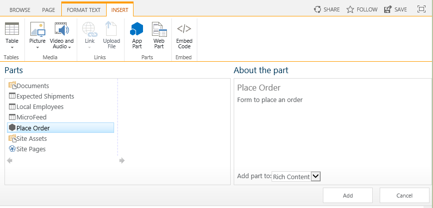 Controle de inserção da Web Part do SharePoint. A parte chamada