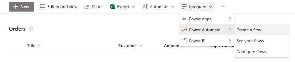 O menu da barra de comandos para começar a criar um novo fluxo do Power Automate de dentro do contexto de uma lista do SharePoint Online.